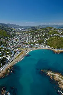 Shorelines Prints: Island Bay and Tapu Te Ranga Island, Wellington, North Island, New Zealand - aerial