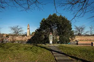 Embankment Prints: Island Mazzorbo (Venice, Italy) with church San Michele Arcangelo in background on a sunny day in winter
