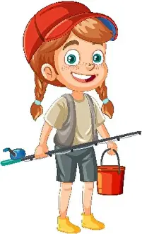 Fishing Rod Prints: Isolated girl cartoon fishing illustration