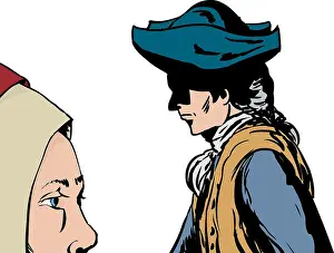 Vest Prints: Isolated side view of man and woman in 18th century clothing walking past each other