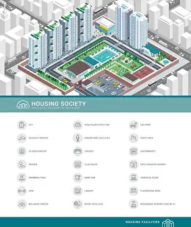 Seniors Prints: Isometric aerial view of a contemporary efficient cooperative housing society with services