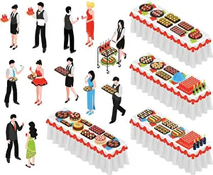 Waiter Prints: Isometric banquet reception dinner party set of isolated human characters