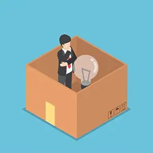 White Work Prints: Isometric businessman with light bulb of idea inside the paper box