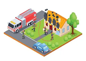 Firefighter Prints: Isometric firefighter composition with isolated outdoor view of burning house with crew of firemen extinguishing fire