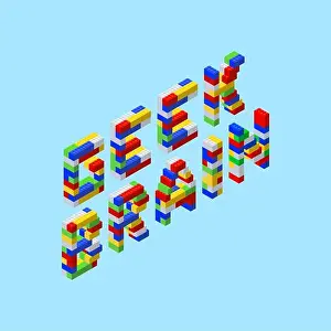 Volumetric Prints: Isometric letters from plastic colored blocks on a blue background in the phrase -geek brain