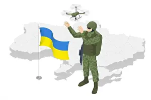 Carbine Prints: Isometric Ukrainian soldier on the background of the map of Ukraine and the national frag