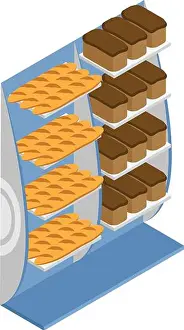 Shelves Prints: Isometric view of a display stand showing shelves full of freshly baked loaves of bread and cakes