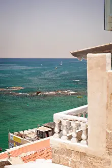 Palestine Prints: Israel Old Jaffa Yafo view over houses house balcony Mediterranean Sea entrance harbour port leisure sailing yachts