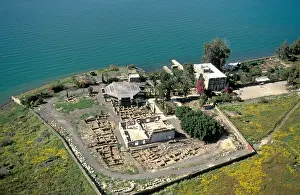 Galilee Prints: Israel, Sea of Galilee, the Church and the ancient Synagogue of Capernaum, an aerial view