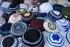 Tel Aviv Prints: Israel, Tel Aviv, Nahalat Binyamin Crafts Market, Jewish yarmulke hats
