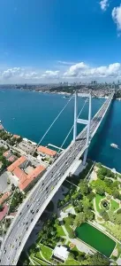 Orbiting Prints: Istanbul Bosphorus Bridge and City Skyline in Background with Turkish Flag at Beautiful Sunset