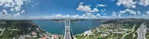 Orbiting Prints: Istanbul Bosphorus Bridge and City Skyline in Background with Turkish Flag at Beautiful Sunset