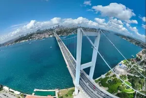 Orbiting Prints: Istanbul Bosphorus Bridge and City Skyline in Background with Turkish Flag at Beautiful Sunset