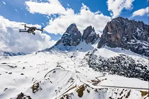 Vacation Destinations Prints: Italy, Dolomites, Canazei, The flying soaring drone hanged over mountains