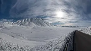 Italy, February 2023: Breathtaking view of the snowy landscape around Castelluccio di Norcia in Umbria