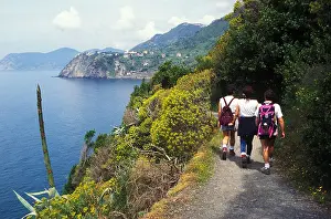 Liguria Prints: Italy Liguria Cinque Terre hikers on path between Corniglia and Manarola
