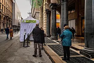 Piedmont Prints: Italy Piedmont Turin - people lined up in front of a mobile tent to make the instant swab for Covid 19