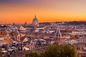Cathedrals Prints: Italy, Rome cityscape with historic buildings and cathedrals at dusk