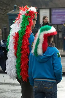 Rugby Prints: Italy rugby fans wearing fancy headgear of paper in italian flag colours