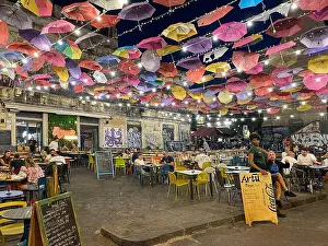 Culture Day Prints: Italy, Sicily, Catania, View of colourful umbrellas and restaurants on Gisira Street