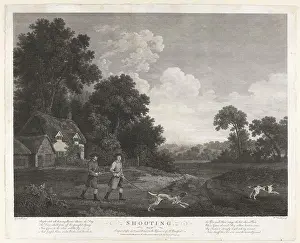Landscape Park Prints: Jachtscene (Shooting) Vier jachtscenes (serietitel) In a park-like landscape left a house