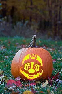 Squash Prints: Jack-o-lantern Carved to Look Like Mario of Super Mario Brothers