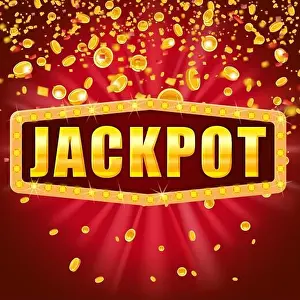 Lotto Prints: Jackpot Winner banner shining retro sign illuminated by spotlights falling coins and confetti
