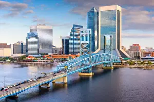 Riverwalk Prints: Jacksonville, Florida, USA downtown skyline at dusk over St. Johns River