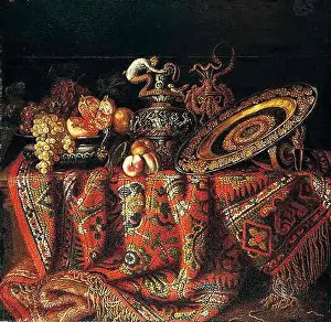 Jacques Hupin's 17th-century still life features an intricate composition of fruits like peaches