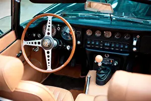 Motor Vehicle Prints: Jaguar E-Type classic car, cockpit with wooden steering wheel