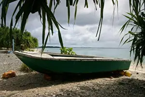 Nautical Vessel Prints: Jaluit atoll, Imej Island, Marshall Islands - Small boat on a white sand beach