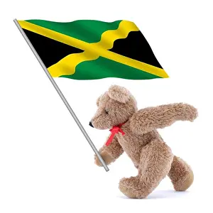Teddy Prints: Jamaica flag being carried by a cute teddy bear