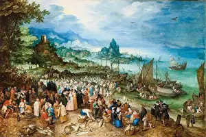 Jan Brueghel the Elder, Jesus Christ giving a Sermon from a fishing boat in a Harbour, painting in oil on wood, 1598
