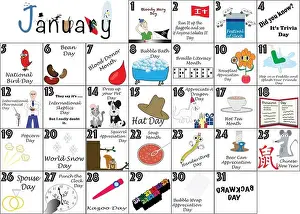 Appreciation Prints: January 2020 calendar illustrated with daily Quirky Holidays and Unusual Celebrations