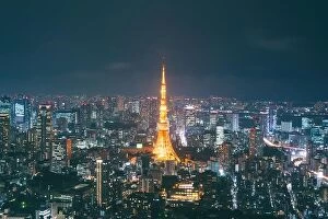 Images Dated 3rd April 2017: Japan cityscape at dusk. Landscape of Tokyo business building around Tokyo tower