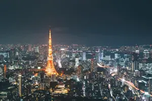 Japan cityscape at dusk. Landscape of Tokyo business building around Tokyo tower. Modern high building in business district area in Japan