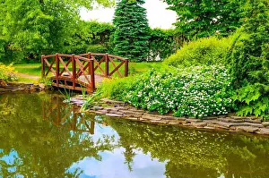 Japanese Garden Prints: Japanese garden, wooden bridge across the pond