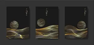 Oriental Background Prints: Japanese landscape background set cards gold line wave pattern vector illustration