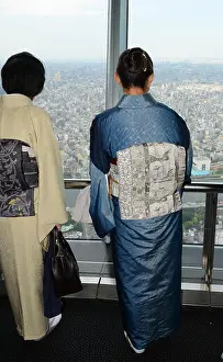 Observation Tower Prints: Japanese women dressed in traditional Yukata enjoying the views from the top of the Tokyo skytree