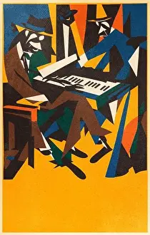 A jazz group with a man playing piano, jazz poster template, extremely sharp shapes