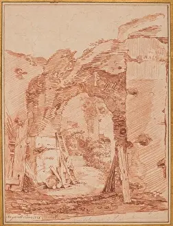 Colosseum Prints: Jean-Honoré Fragonard, The Hermit's Court in the Colosseum, 1758, Red chalk on paper