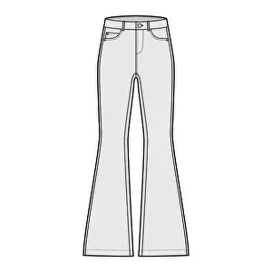 Pockets Prints: Jeans flared bottom Denim pants technical fashion illustration with full length