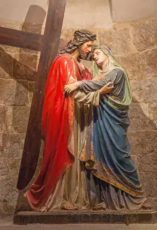Calvary Prints: JERUSALEM, ISRAEL - MARCH 4, 2015: The Jesus meet his mother sculpture from end of 19