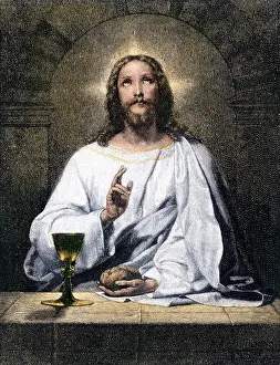 New Testament Prints: Jesus blessing bread and wine at Emmaus. Hand-colored woodcut