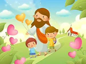 Cuddling Prints: Jesus Christ walking with two children