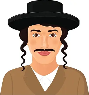 Curly Hair Prints: Jewish man face portrait with hat and mustache in a black suit