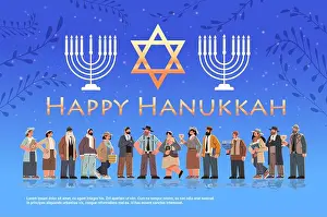 Jews Prints: jewish men women in traditional clothes different israel people standing together happy hanukkah judaism religious