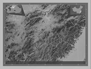 Jiangxi Prints: Jiangxi, province of China. Grayscale elevation map with lakes and rivers