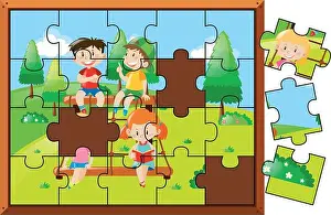 Matching Prints: Jigsaw puzzle game with kids in park illustration