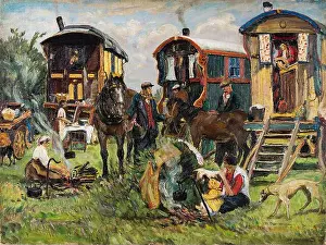 Transience Prints: Job Nixon's 1939 Gypsy Encampment depicts a nomadic scene with rich oil on canvas
